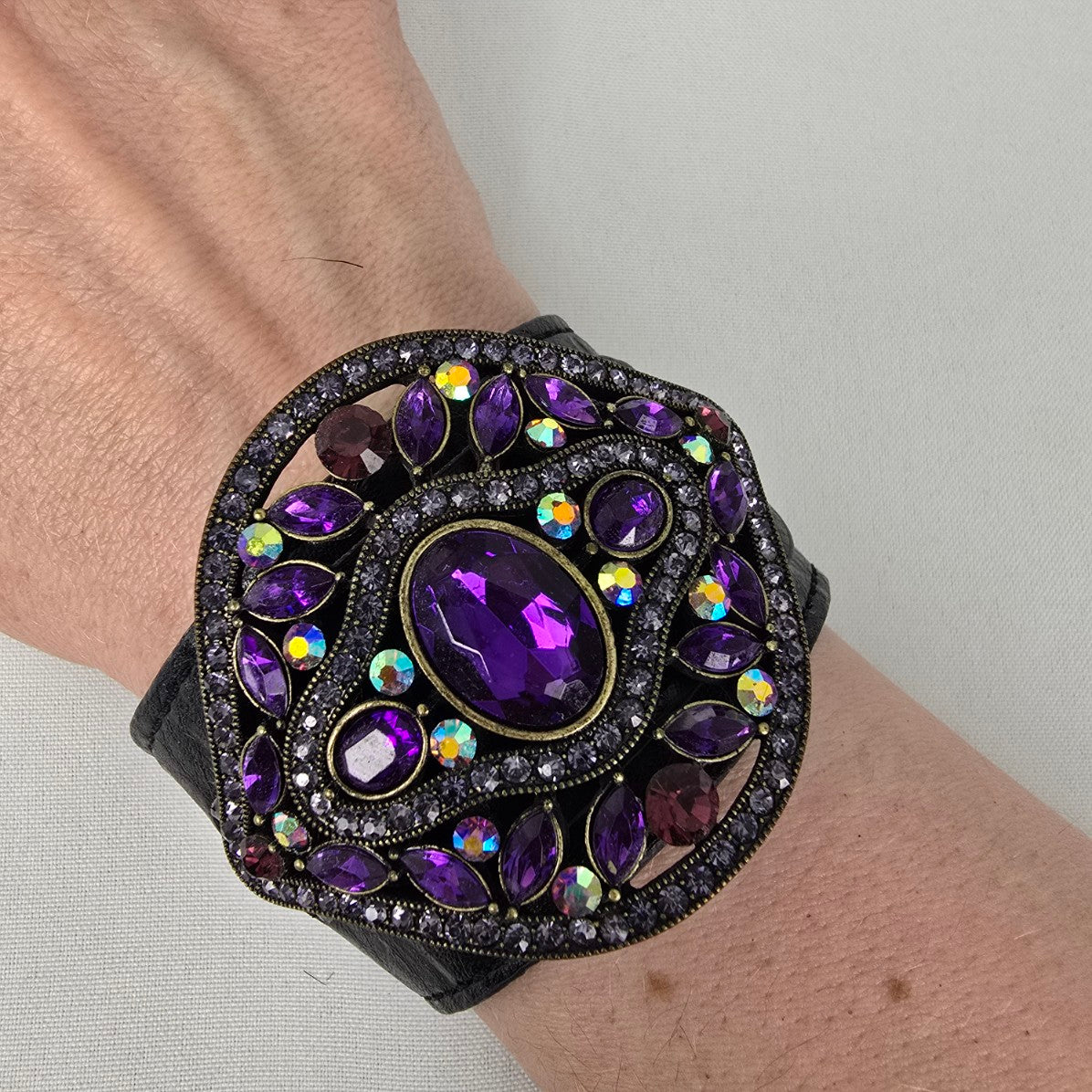 Purple Rhinestone Black Vegan Leather Cuff Bracelet