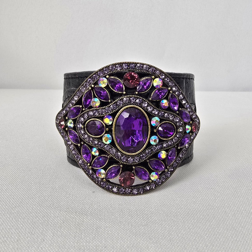 Purple Rhinestone Black Vegan Leather Cuff Bracelet