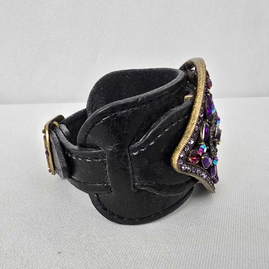 Purple Rhinestone Black Vegan Leather Cuff Bracelet