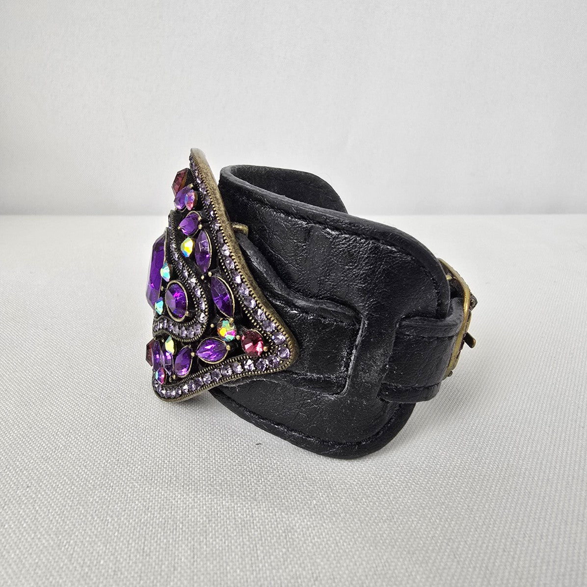 Purple Rhinestone Black Vegan Leather Cuff Bracelet
