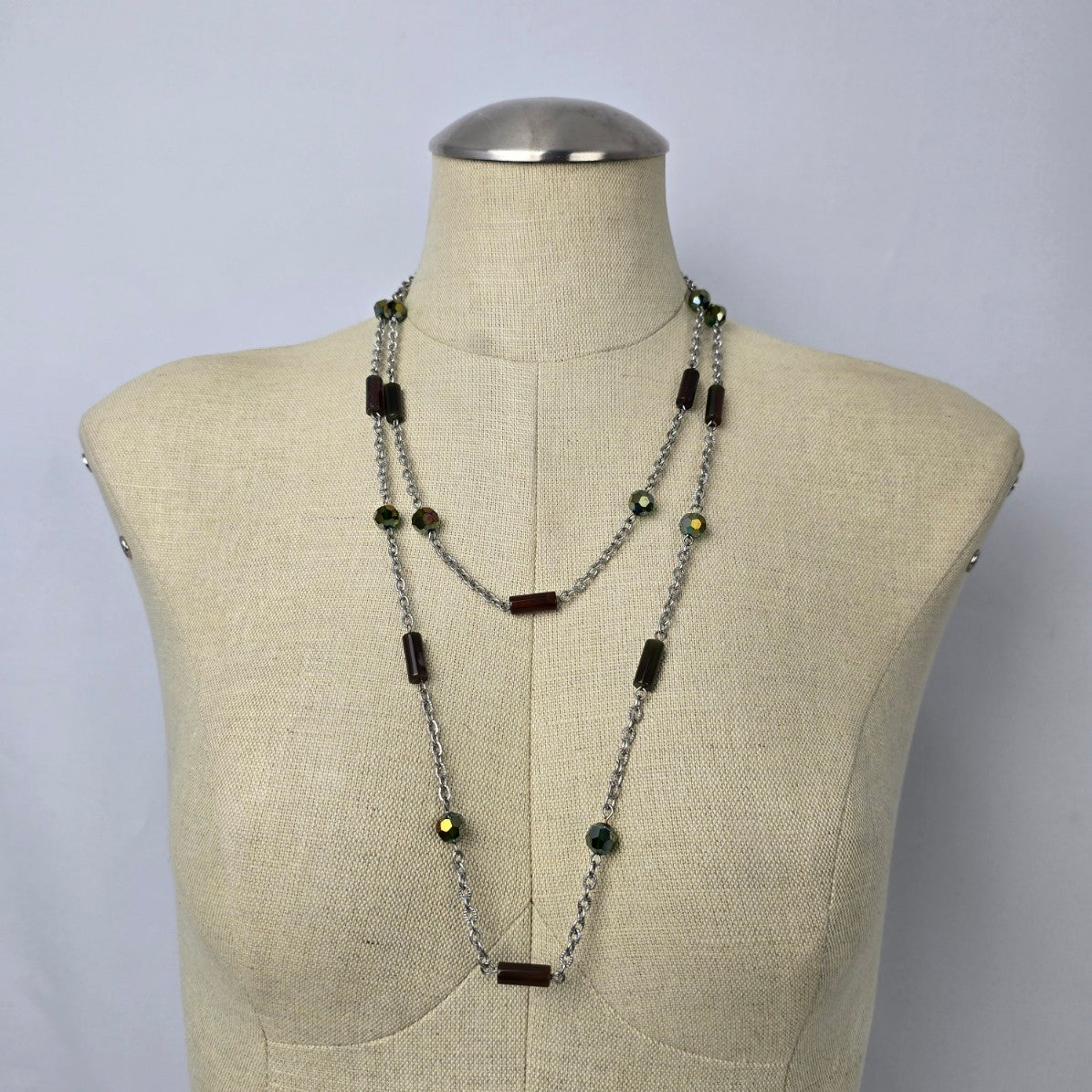 Natural Stone Beaded Chain Link Long Necklace