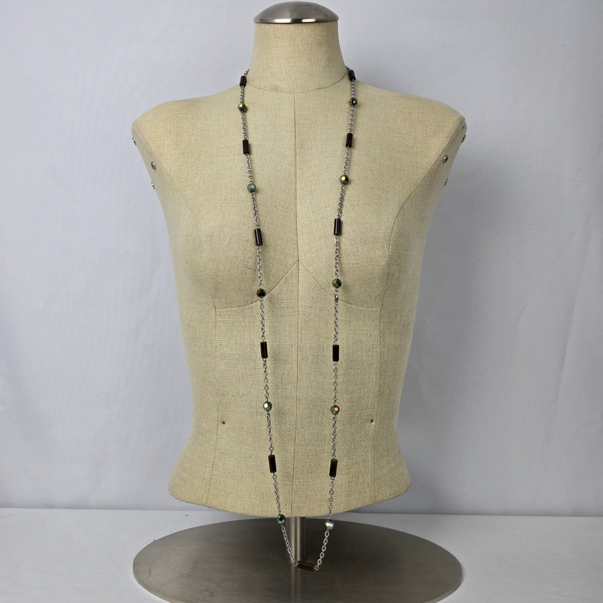 Natural Stone Beaded Chain Link Long Necklace