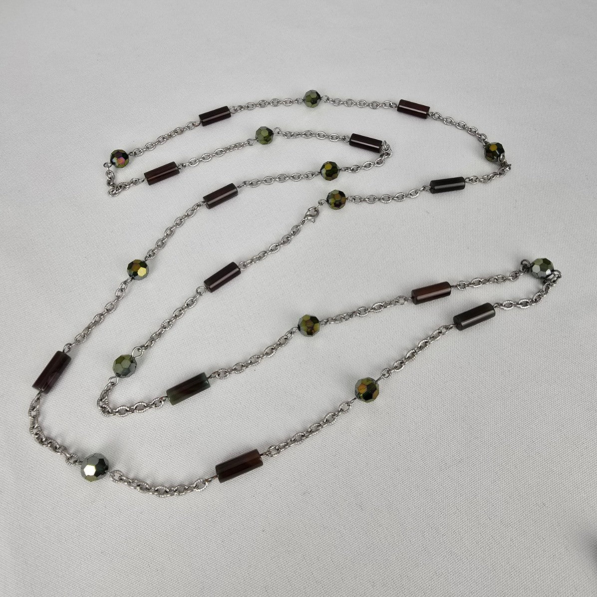 Natural Stone Beaded Chain Link Long Necklace