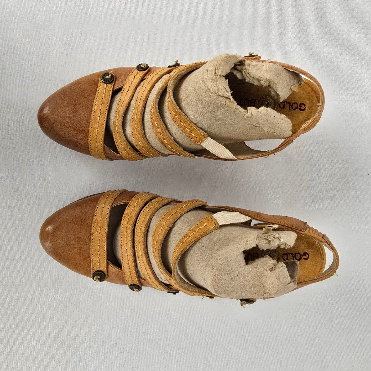 Gold Button Brown Leather Heeled Shoes Size 6.5