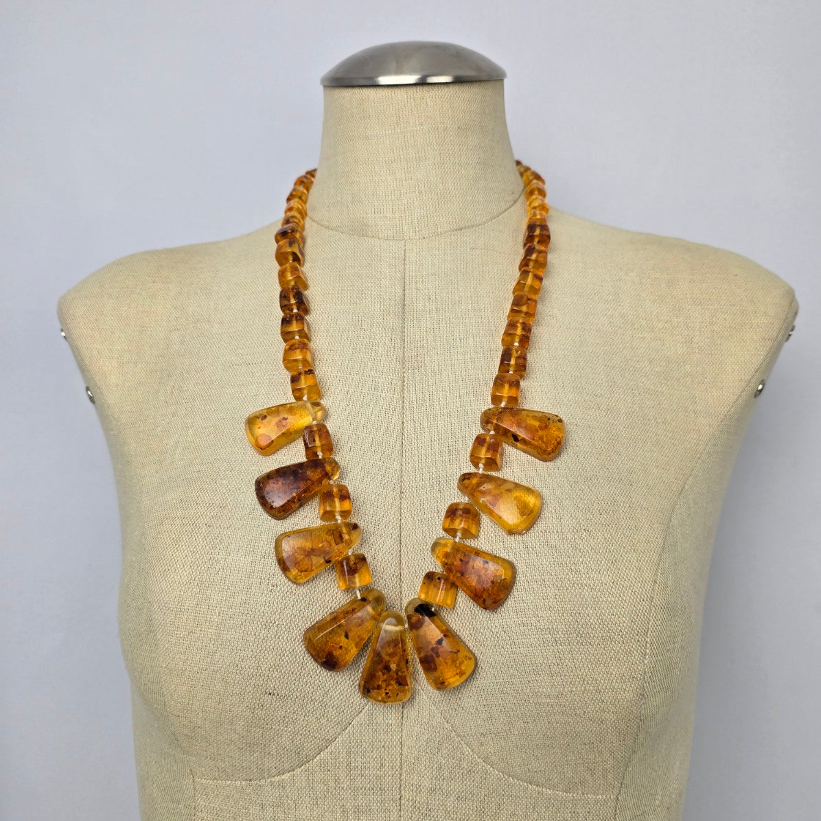 Vintage Amber Hand Knotted Beaded Long Necklace