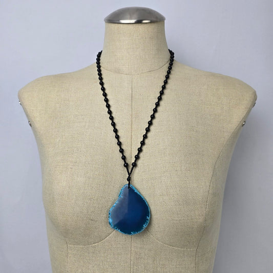 Blue Agate Geode Pendant Black Beaded Long Necklace