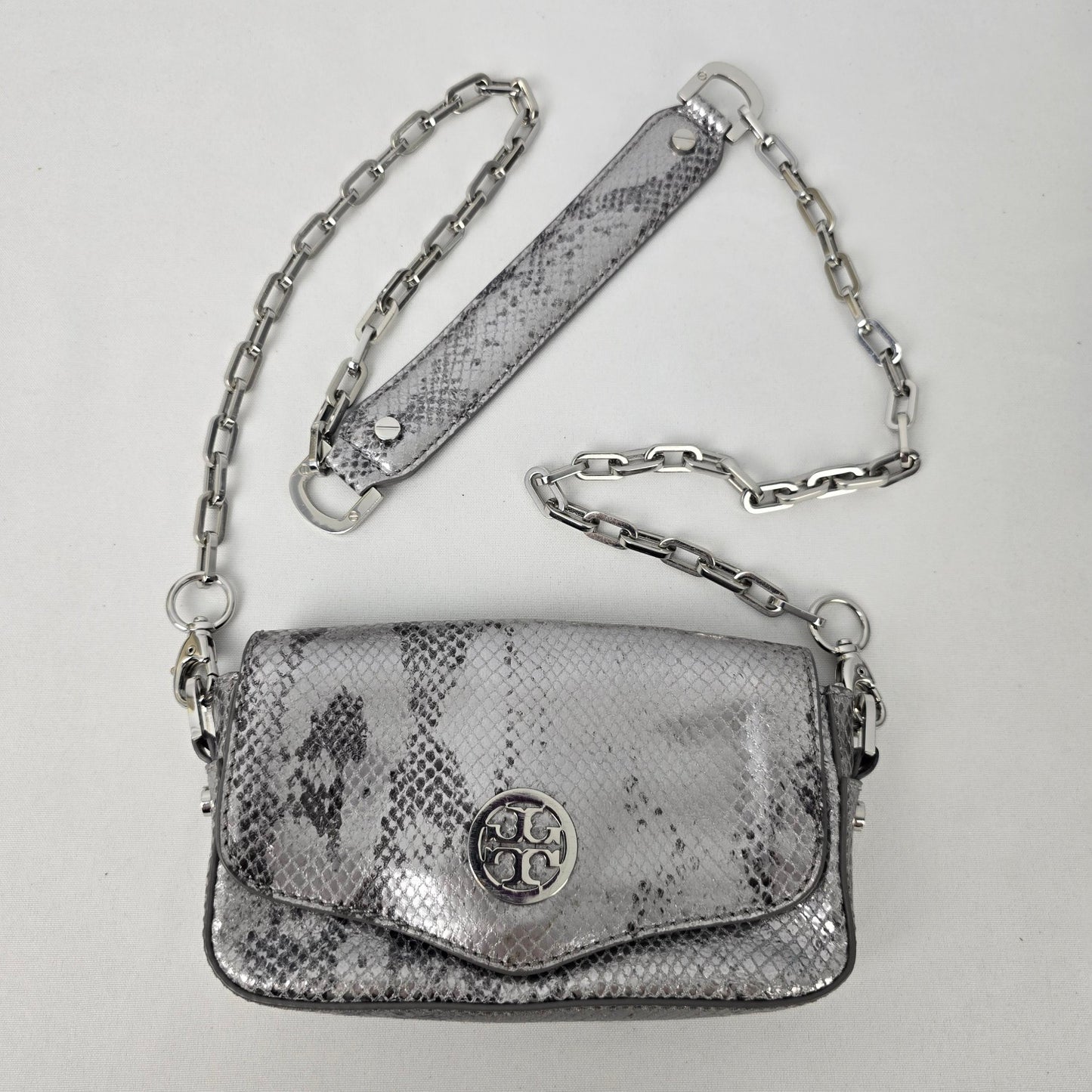 Tory Burch Silver Leather Snake Print Crossbody Mini Bag
