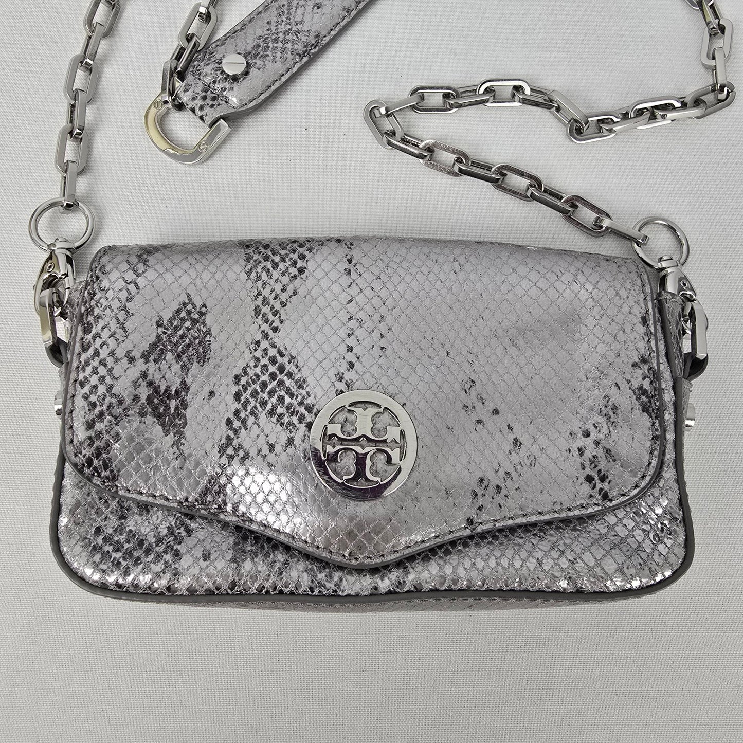 Tory Burch Silver Leather Snake Print Crossbody Mini Bag
