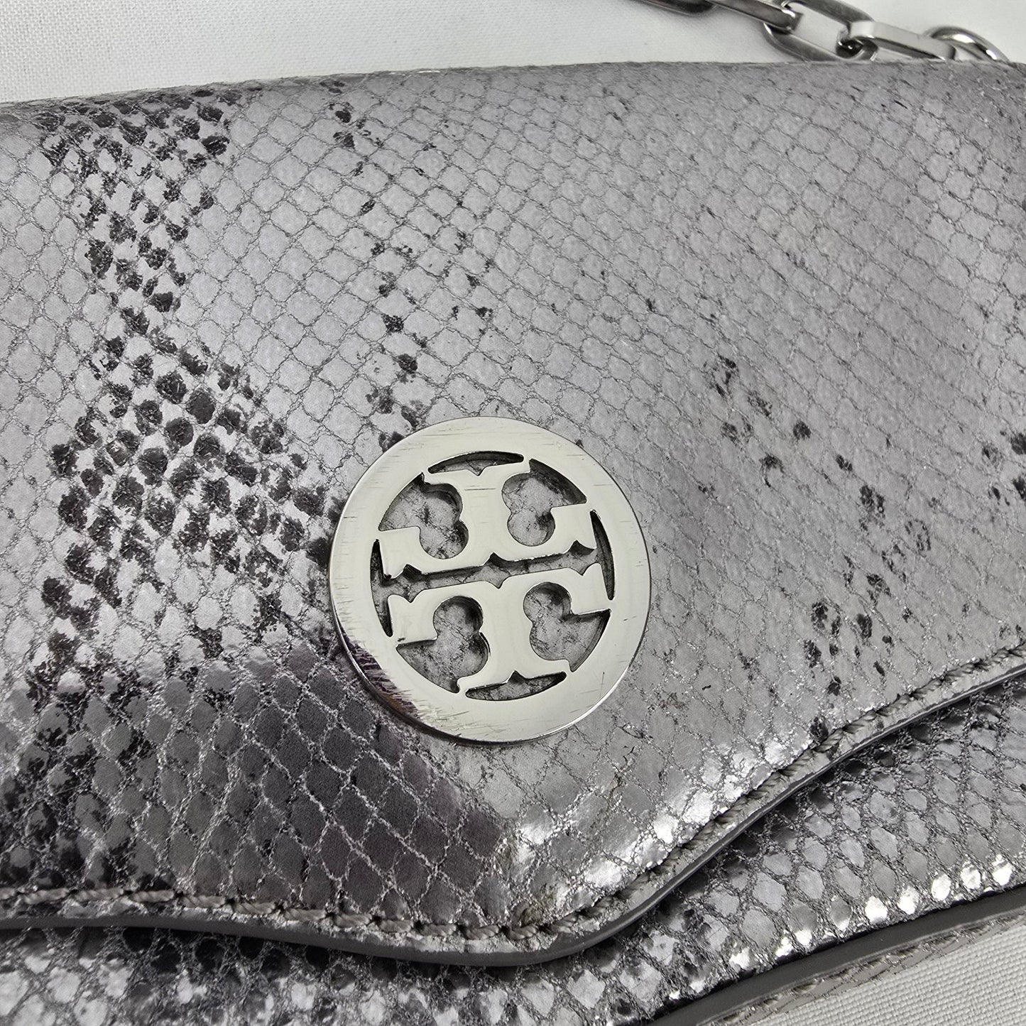 Tory Burch Silver Leather Snake Print Crossbody Mini Bag