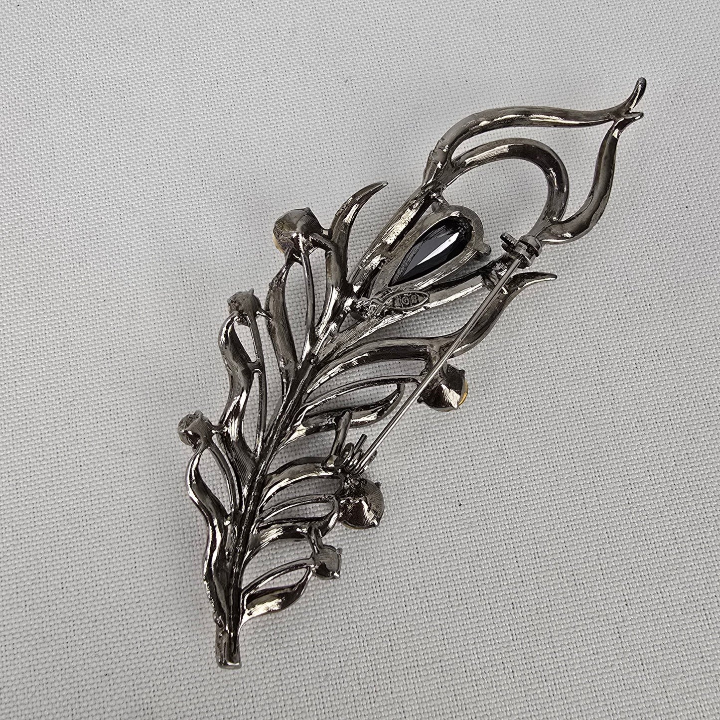 Black Rhinestone Feather Brooch