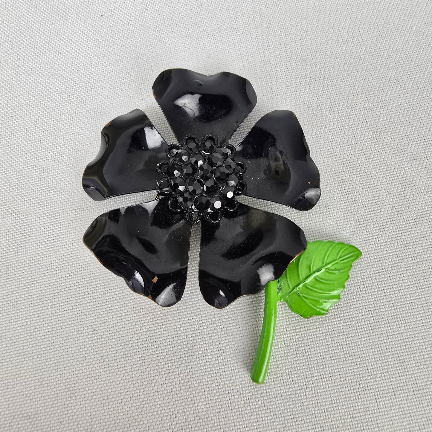 Vintage Black Enamel Flower Brooch