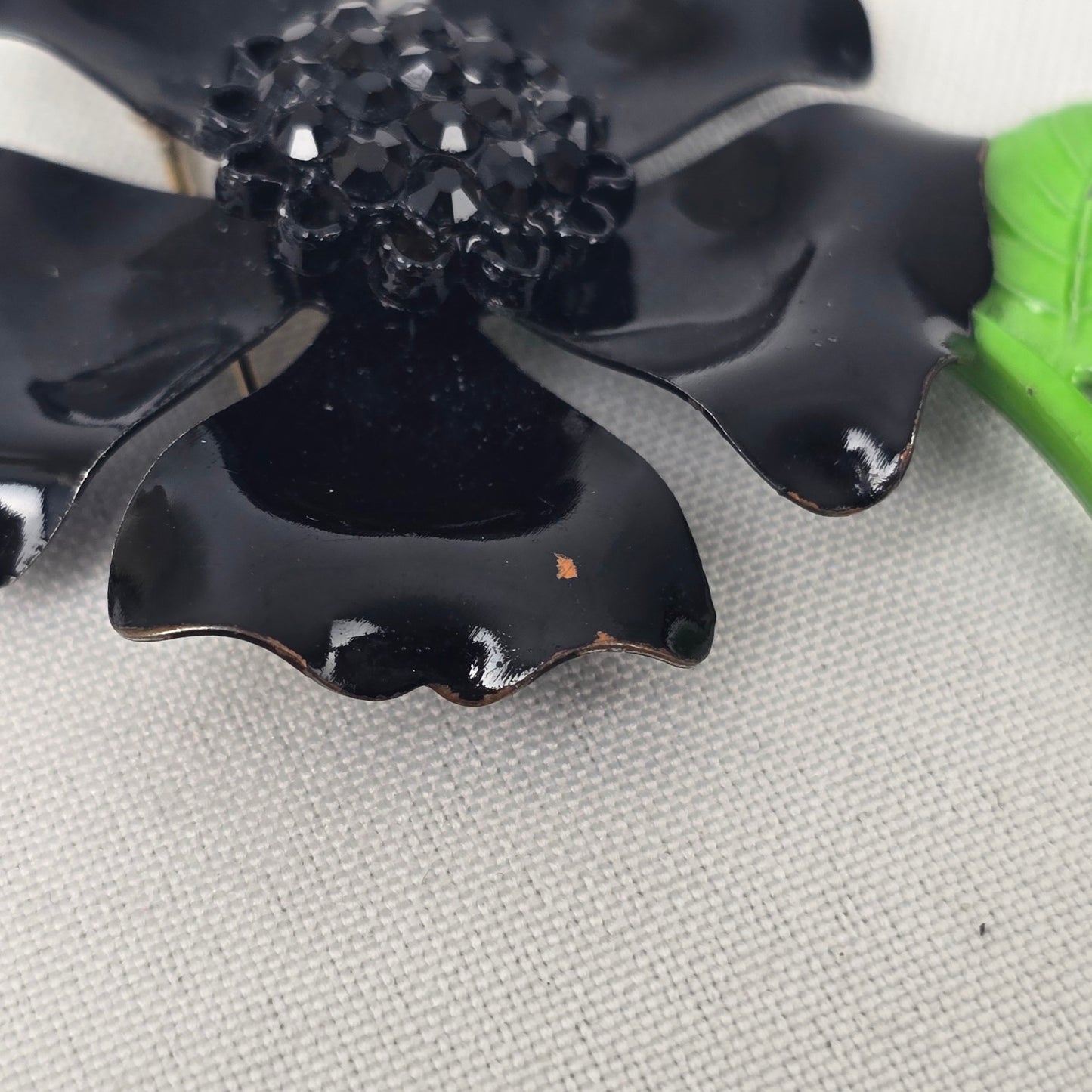 Vintage Black Enamel Flower Brooch