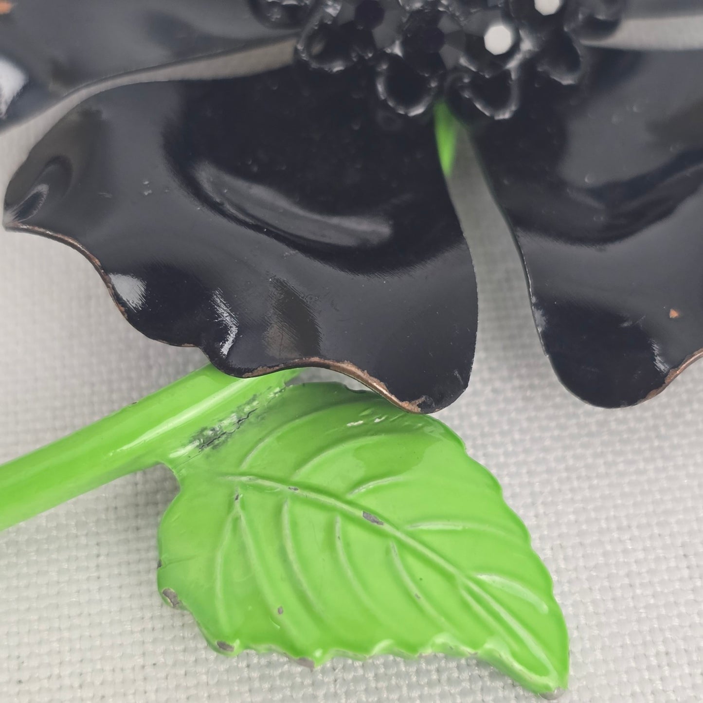 Vintage Black Enamel Flower Brooch