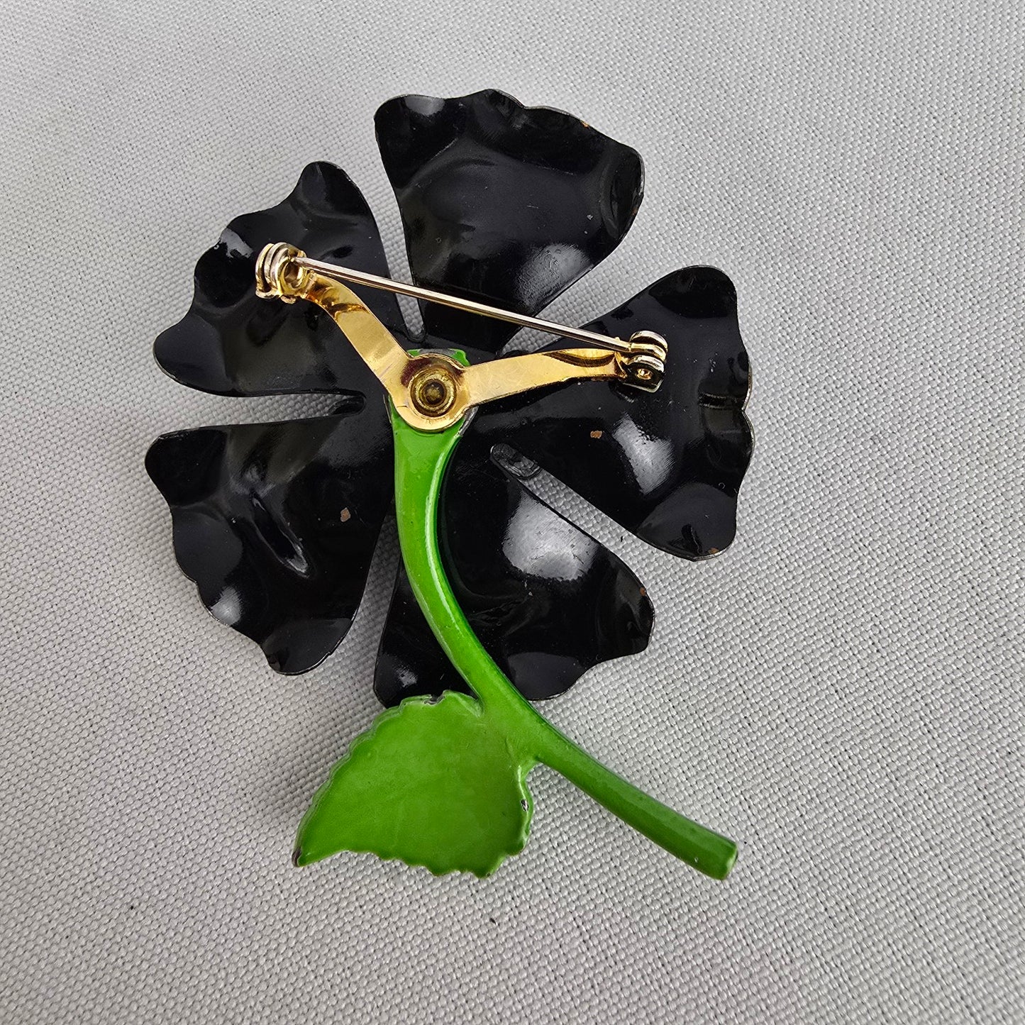 Vintage Black Enamel Flower Brooch