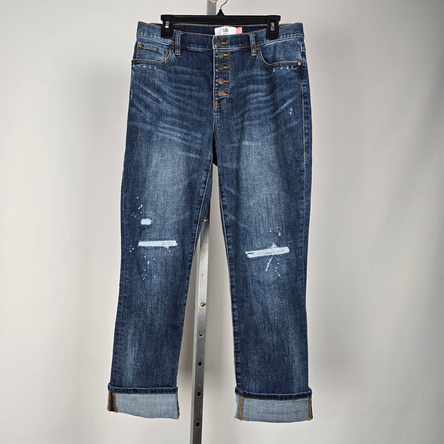 Cabi Button fly distressed midrise straight paint splatter Jeans Size 10