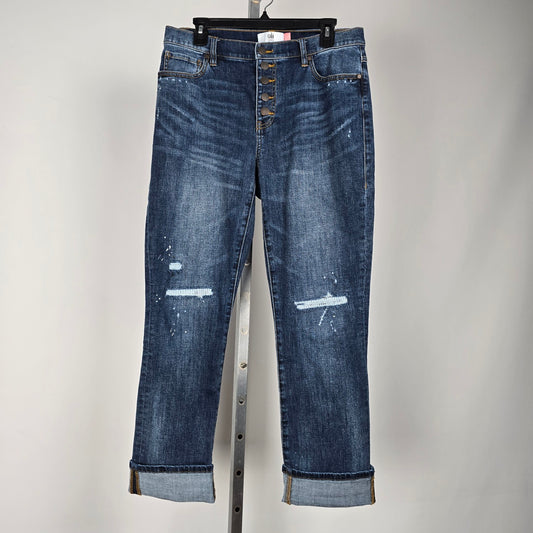Cabi Button fly distressed midrise straight paint splatter Jeans Size 10
