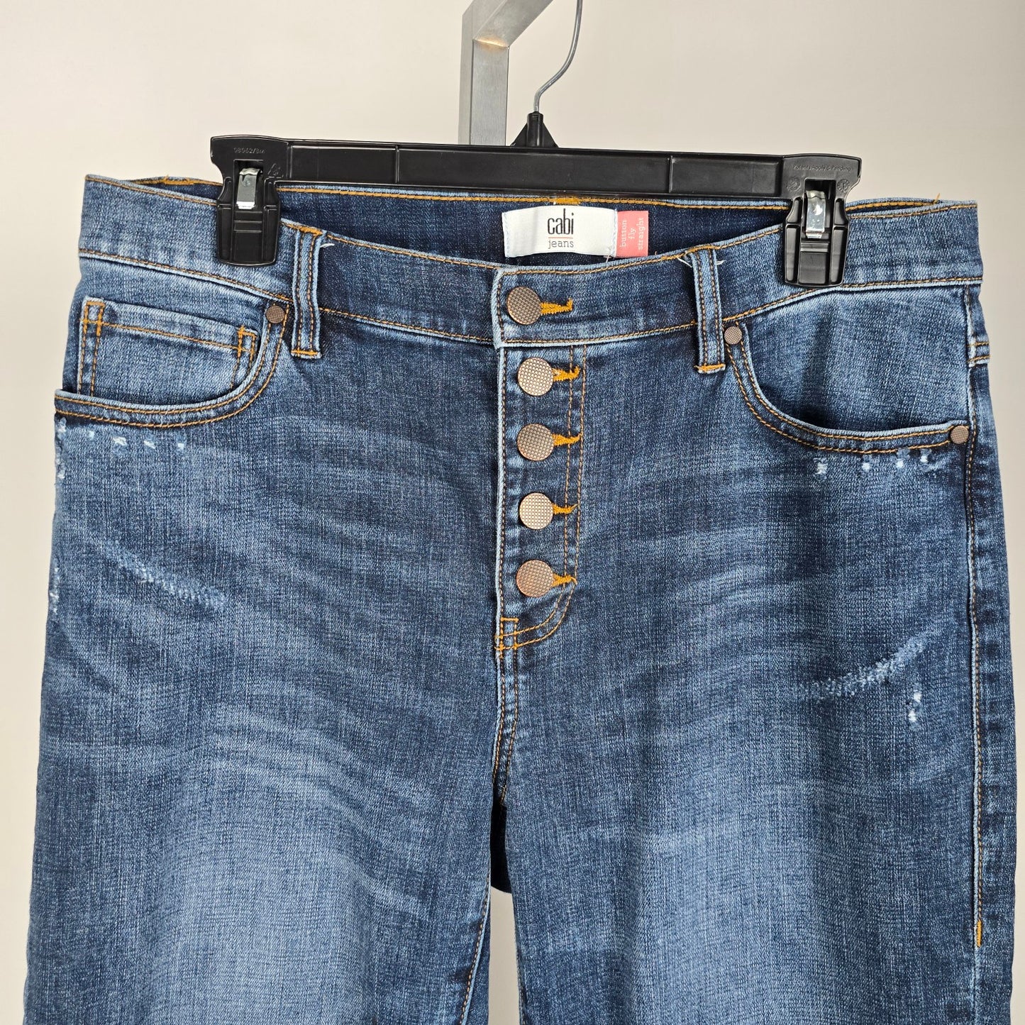 Cabi Button fly distressed midrise straight paint splatter Jeans Size 10