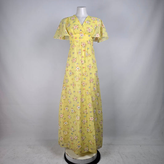 Vintage Ronda Roy Empire Waist Yellow Floral Print Dress Size 7