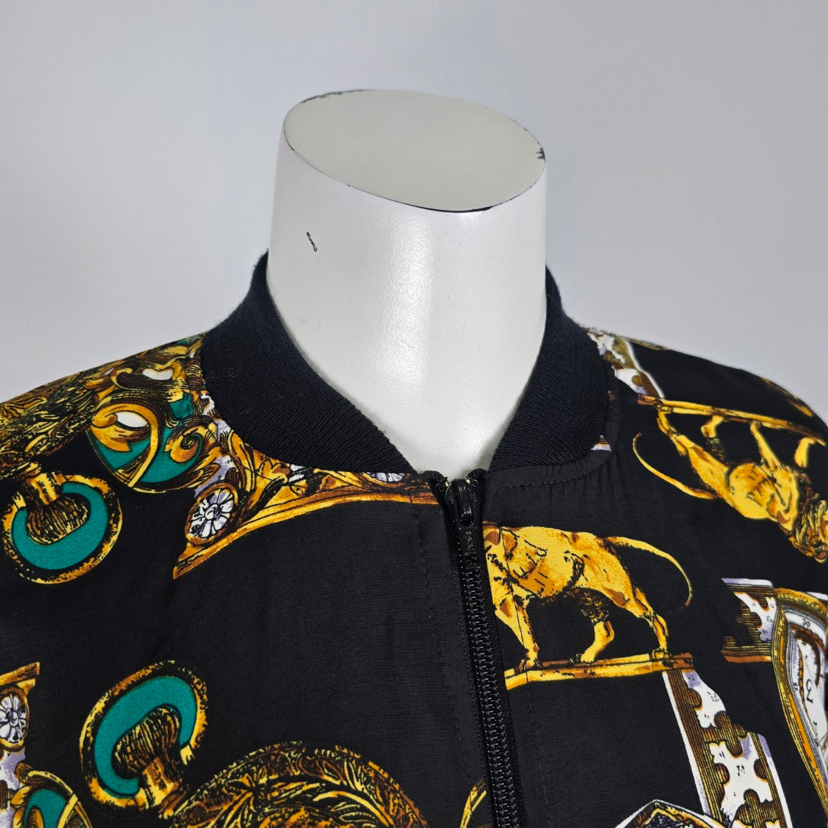 Vintage Tribal Black & Gold Lion Print Bomber Jacket Size 8