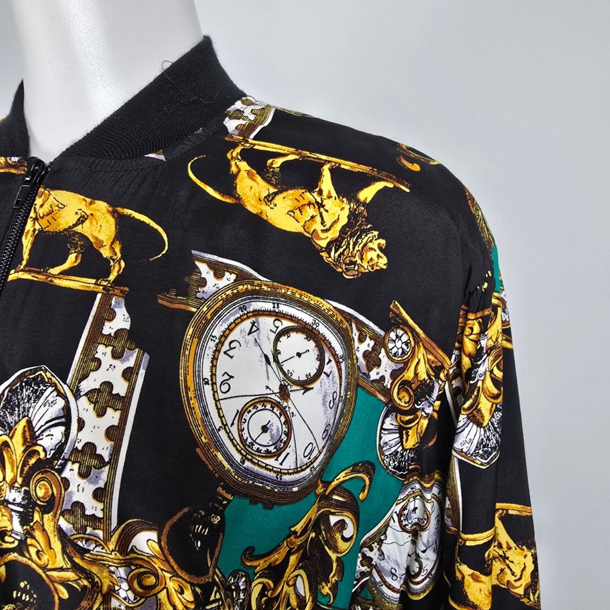 Vintage Tribal Black & Gold Lion Print Bomber Jacket Size 8
