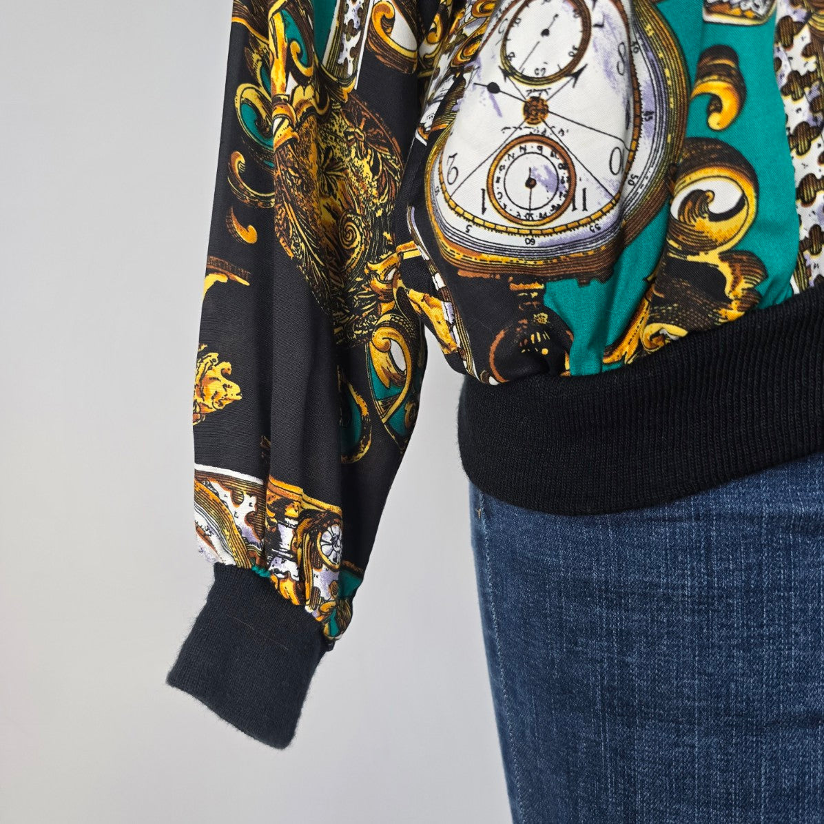 Vintage Tribal Black & Gold Lion Print Bomber Jacket Size 8