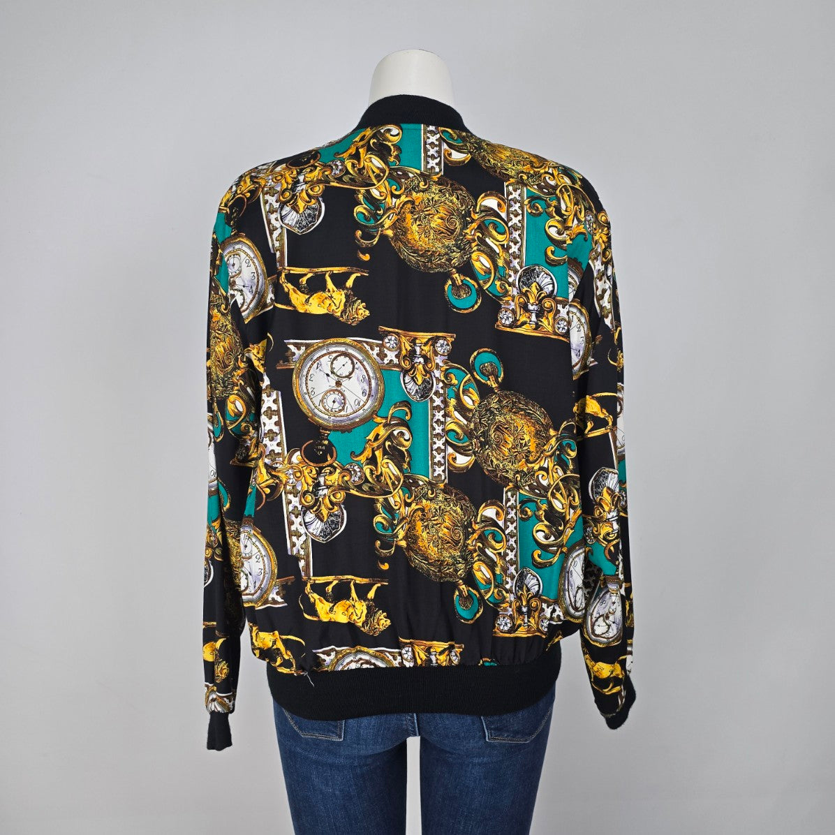 Vintage Tribal Black & Gold Lion Print Bomber Jacket Size 8