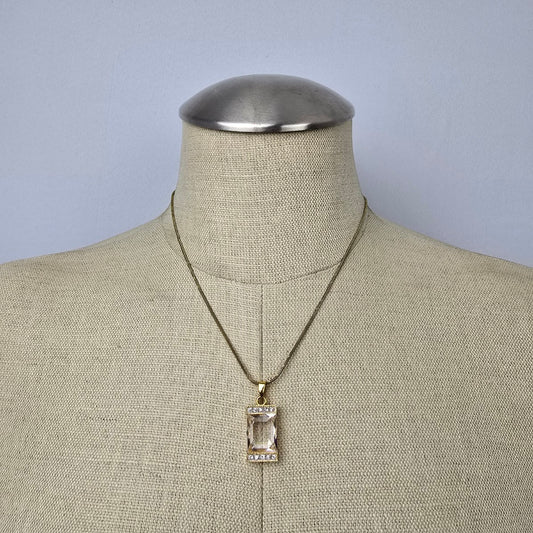 FAC Gold Tone Square Crystal Pendant Necklace