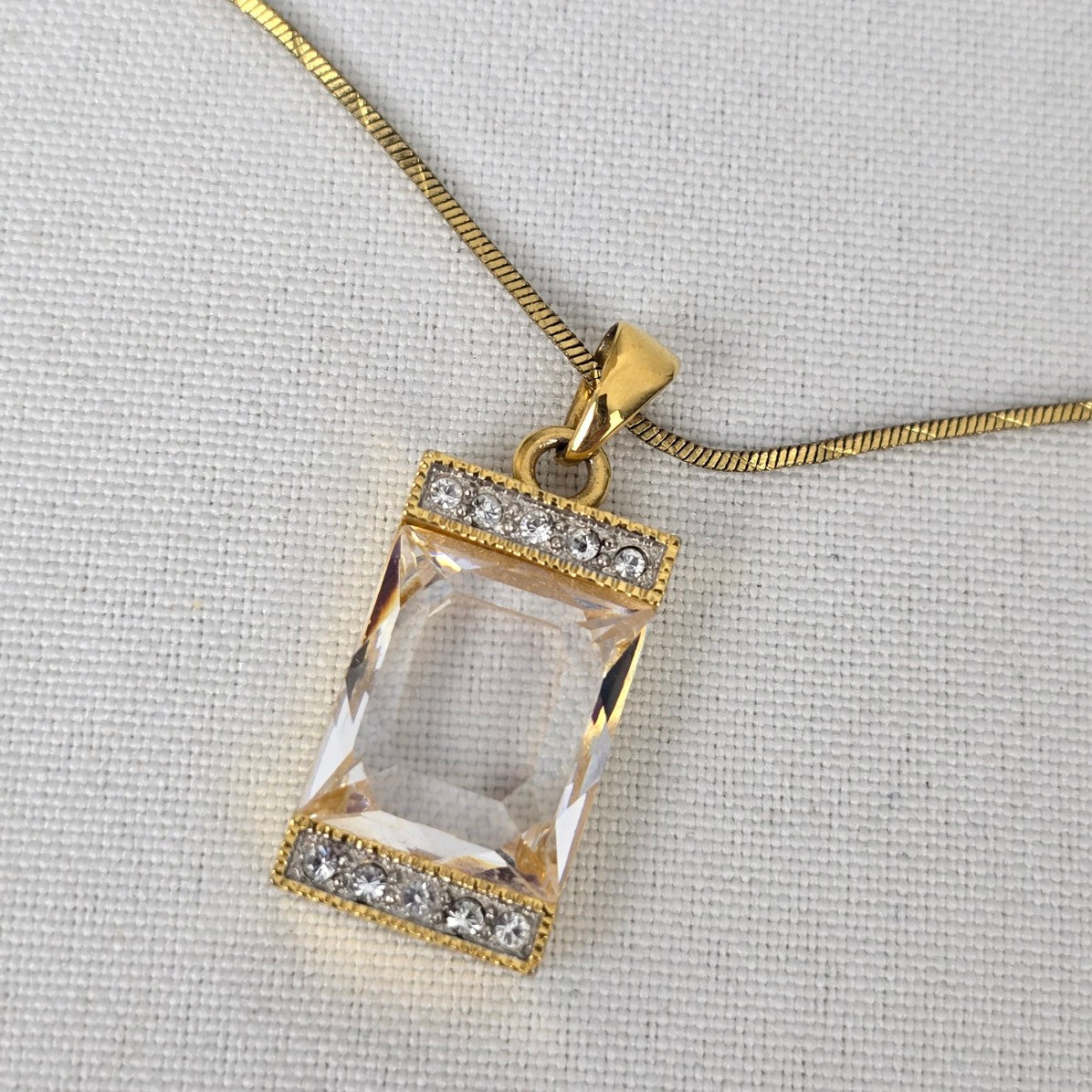 FAC Gold Tone Square Crystal Pendant Necklace