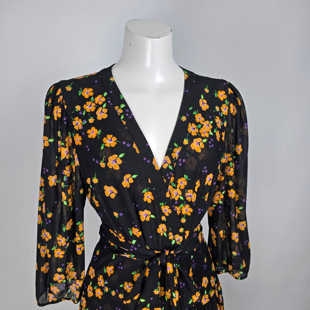 Cabi Navy & Orange Floral Wrap Debut Dress Size S