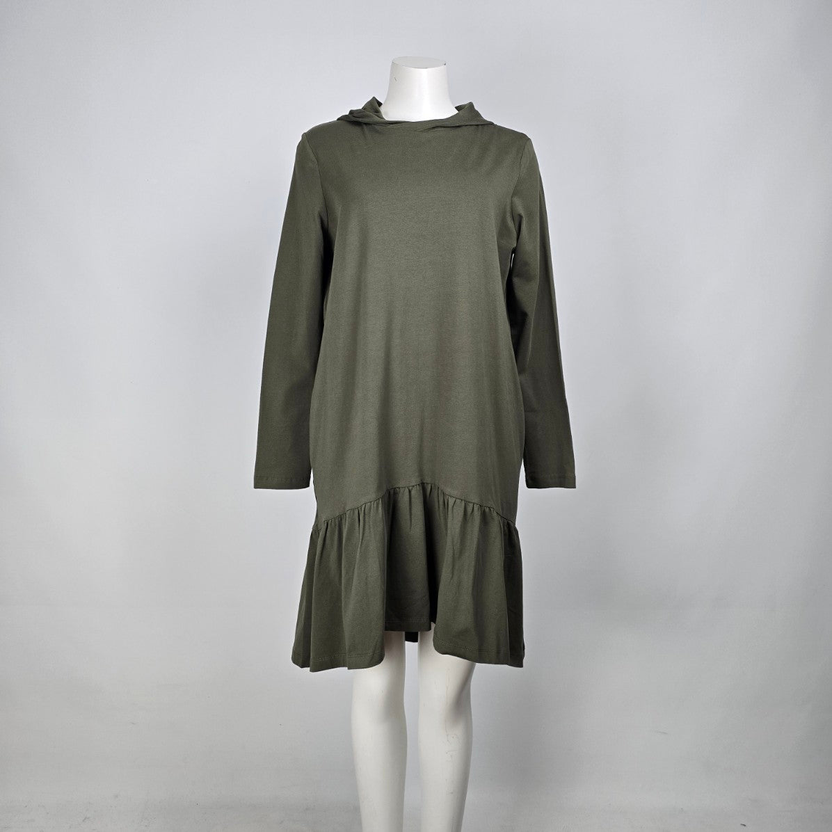 Kaffe Green Cotton Hooded Ruffle Hem Shirt Dress Size M