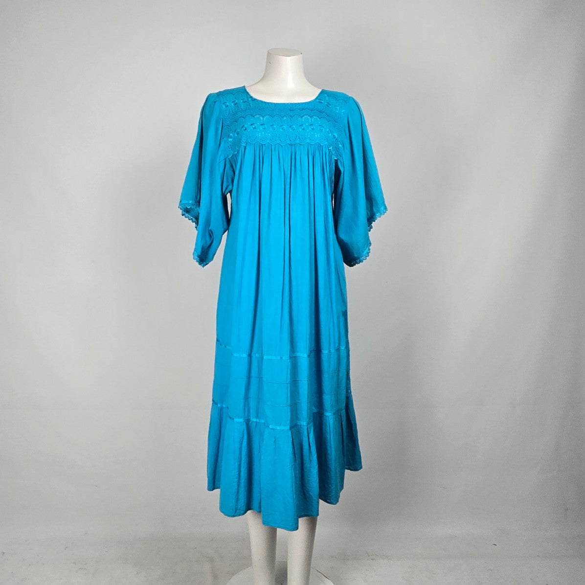 Vintage Blue Lace Detail Flare Sleeve Midi Dress Size L/XL