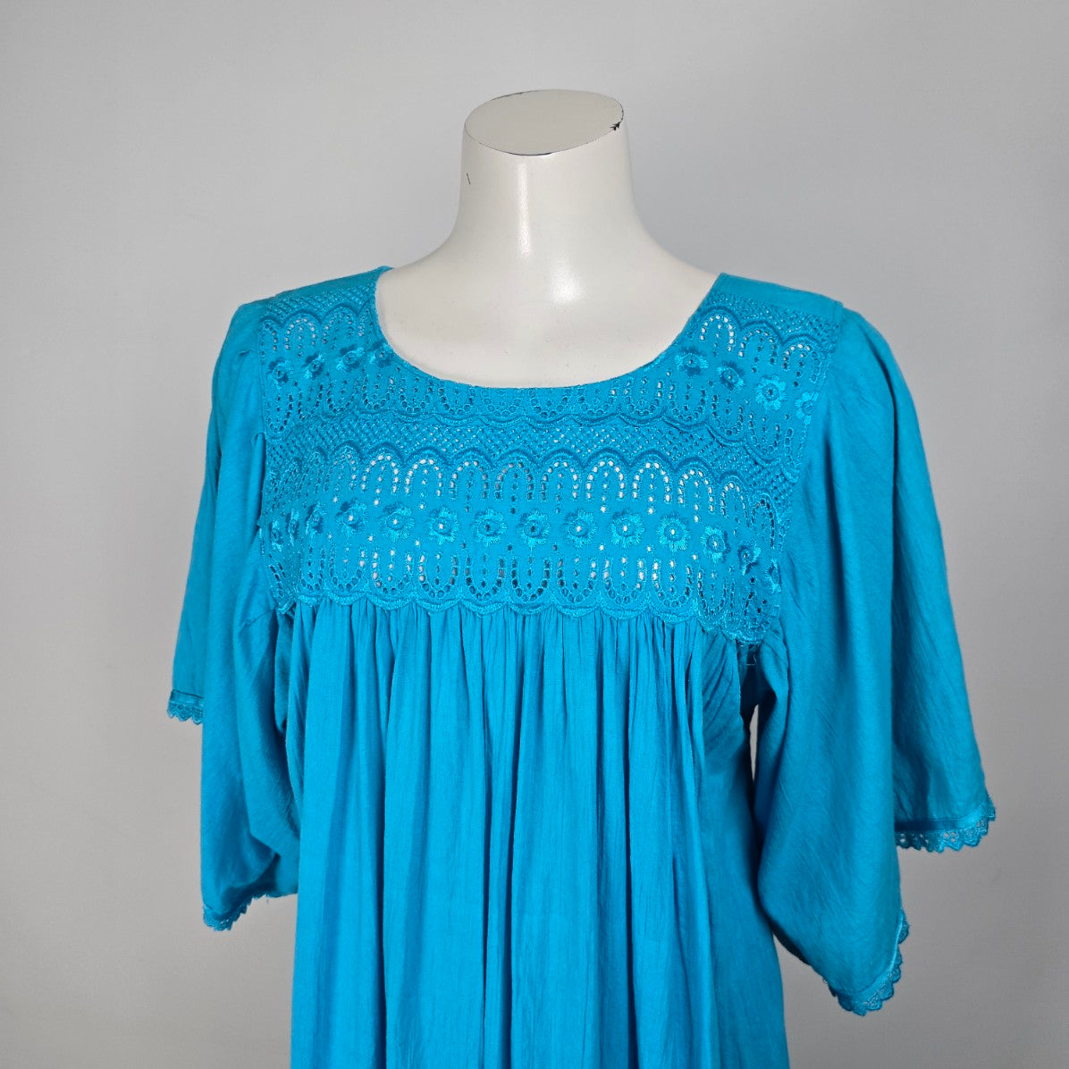 Vintage Blue Lace Detail Flare Sleeve Midi Dress Size L/XL