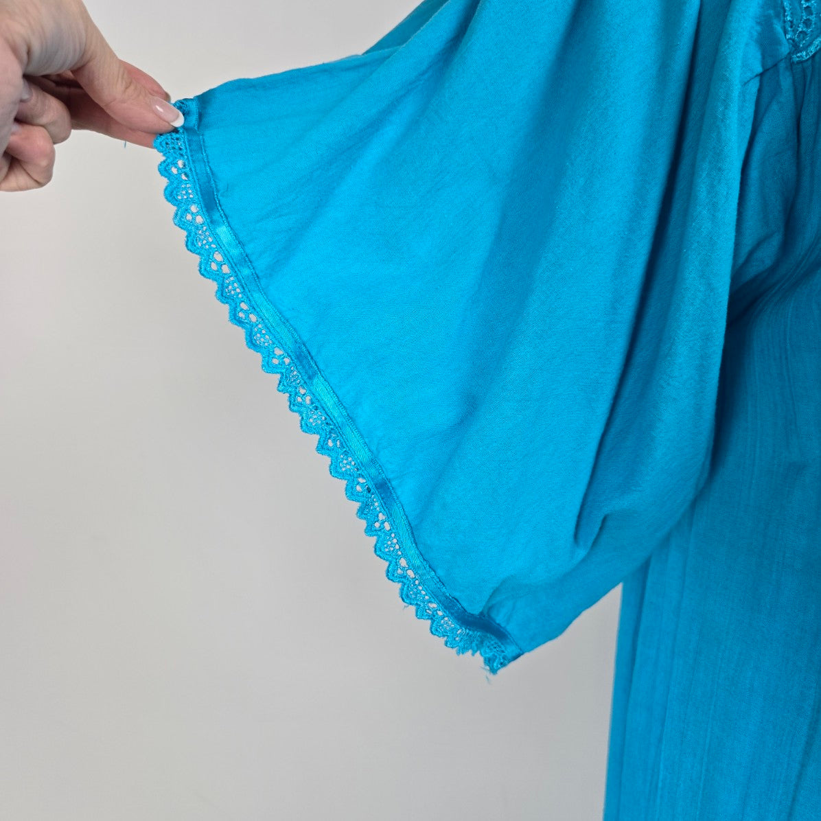 Vintage Blue Lace Detail Flare Sleeve Midi Dress Size L/XL