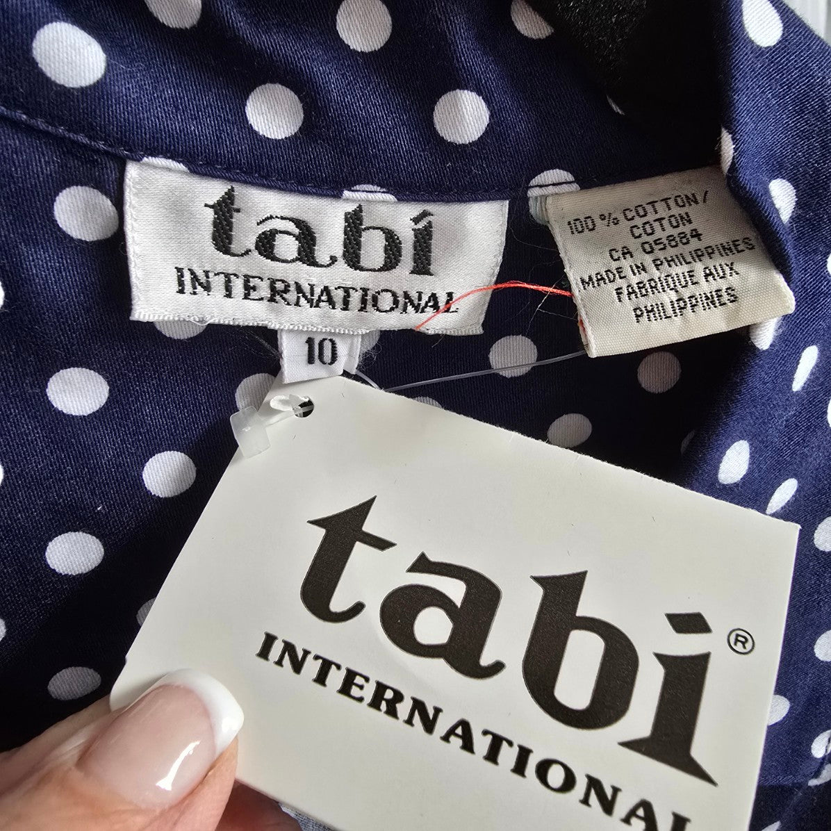 Vintage Tabi International Blue Polka Dot Button Up Blouse Top Size 10