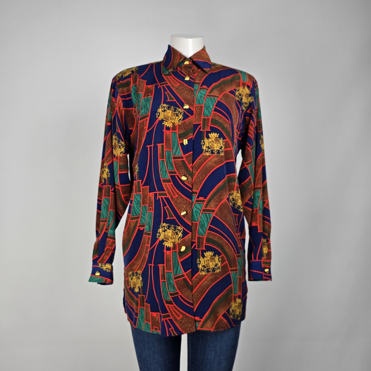 Vintage Chagal Red Lion Crest Print Button Up Blouse Size 6
