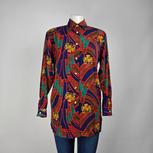 Vintage Chagal Red Lion Crest Print Button Up Blouse Size 6
