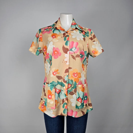 Vintage Orange Floral Button Up Collared Top Size L
