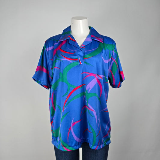 Vintage Blue Psychedelic Print Collared Short Sleeve Top Size L