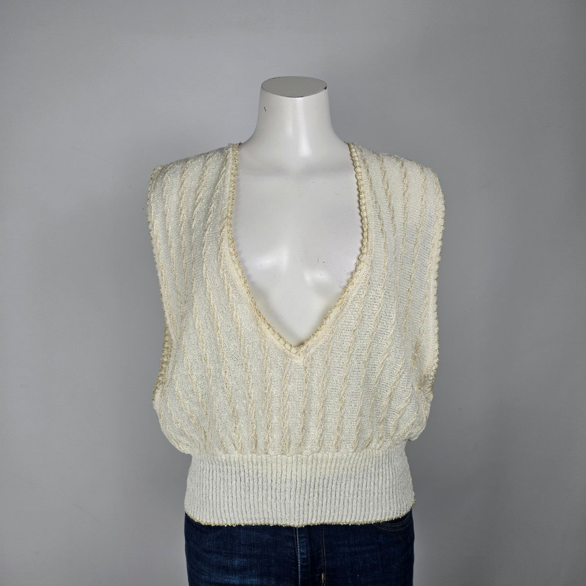 Vintage Holiday Cream & Gold Knit Sweater Vest Size L/XL