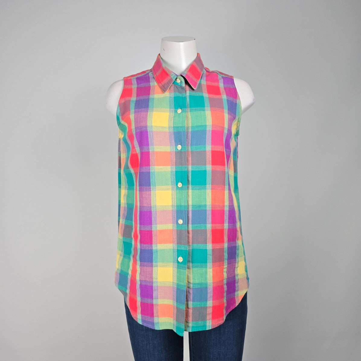 Royal Robbins Pink Plaid Button Up Sleeveless Collared Blouse Size M