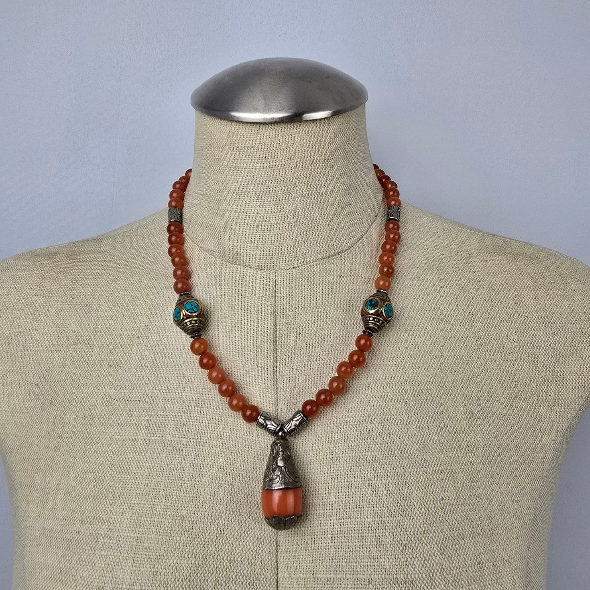 Vintage Carnelian & Turquoise Natural Stone Beaded Pendant Necklace