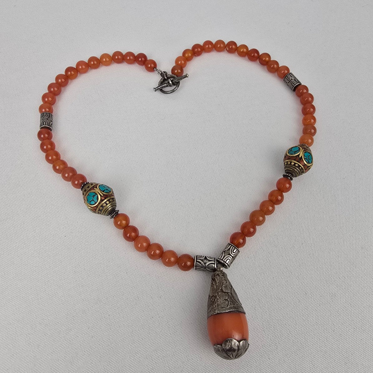 Vintage Carnelian & Turquoise Natural Stone Beaded Pendant Necklace