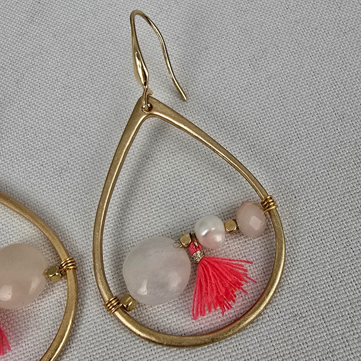 Matt Gold & Pink Natural Stone Fringe Drop Earrings