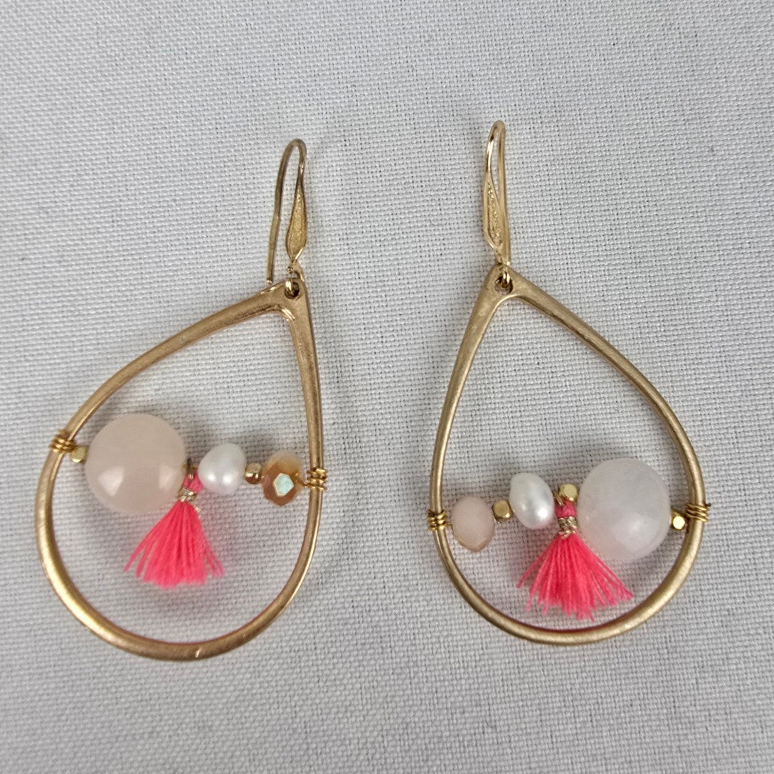 Matt Gold & Pink Natural Stone Fringe Drop Earrings