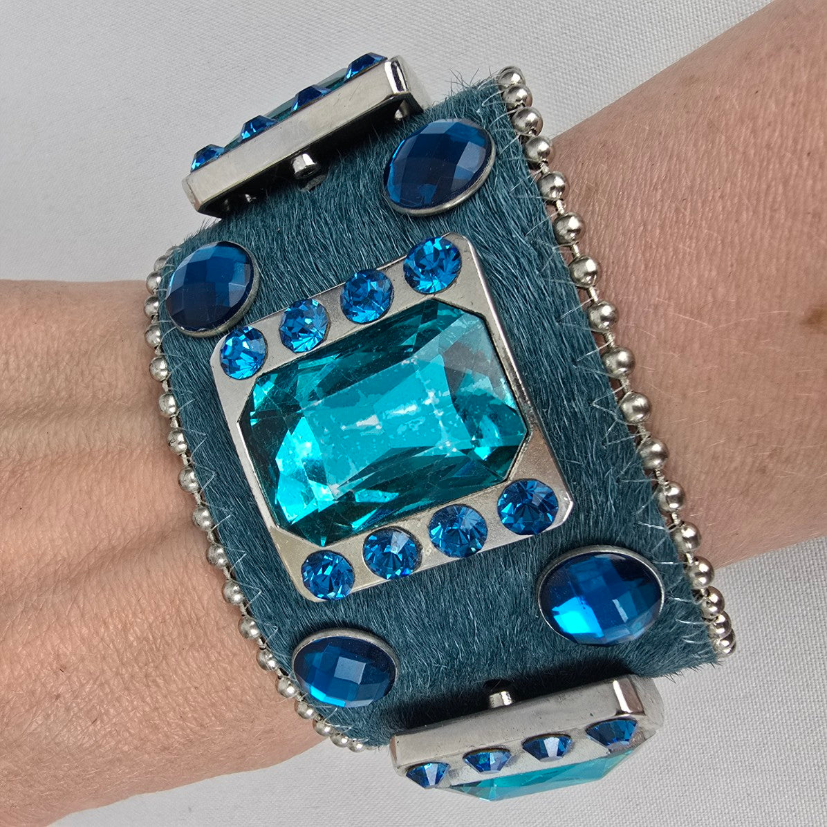 Genuine Leather Blue Calf Hair Crystal Stone Wide Snap Bracelet