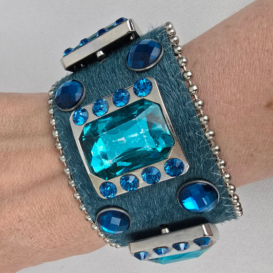 Genuine Leather Blue Calf Hair Crystal Stone Wide Snap Bracelet