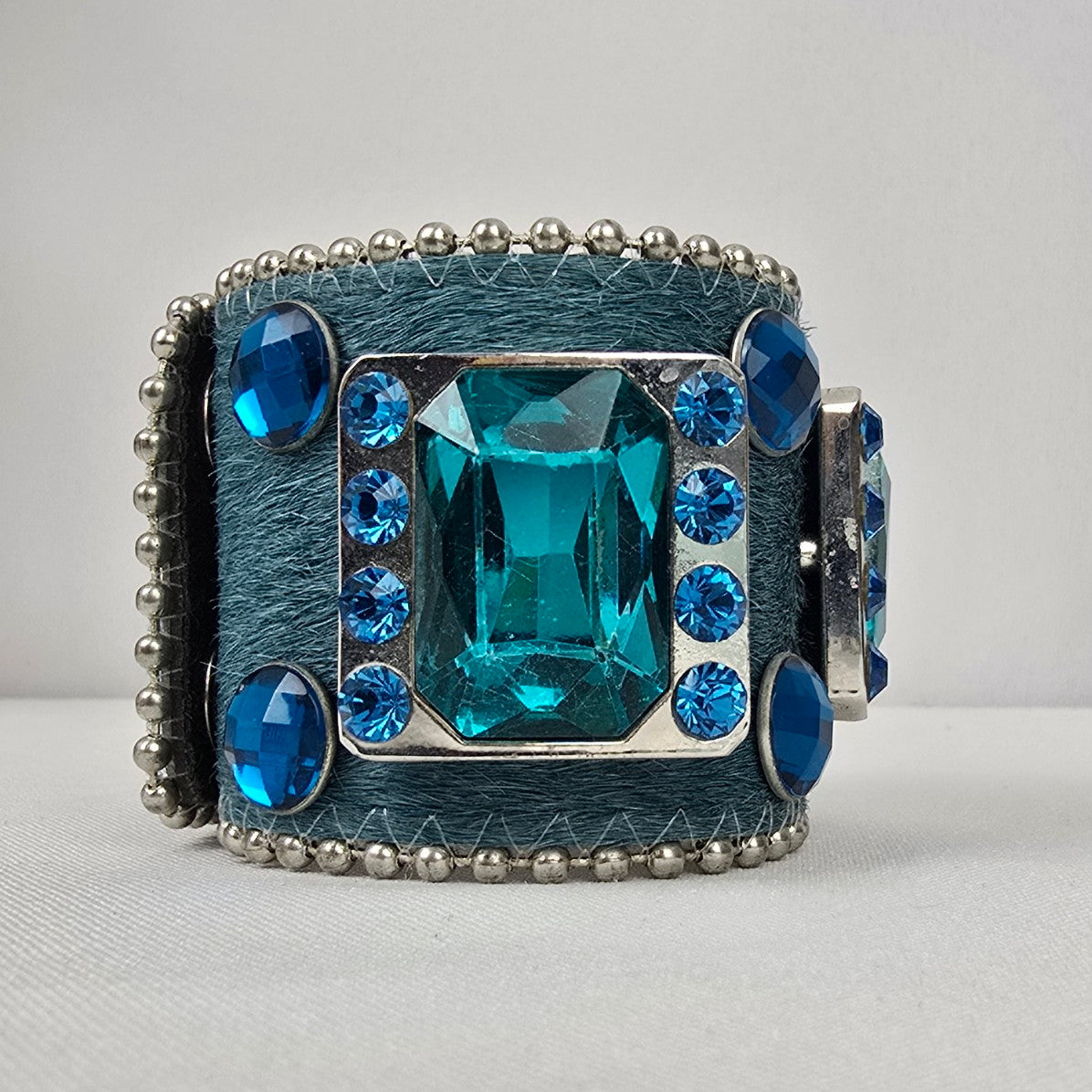 Genuine Leather Blue Calf Hair Crystal Stone Wide Snap Bracelet