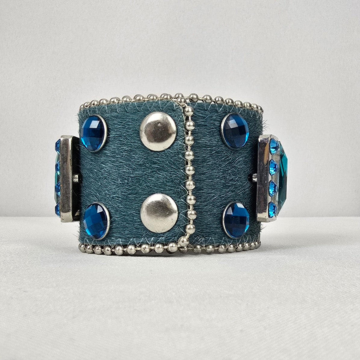 Genuine Leather Blue Calf Hair Crystal Stone Wide Snap Bracelet