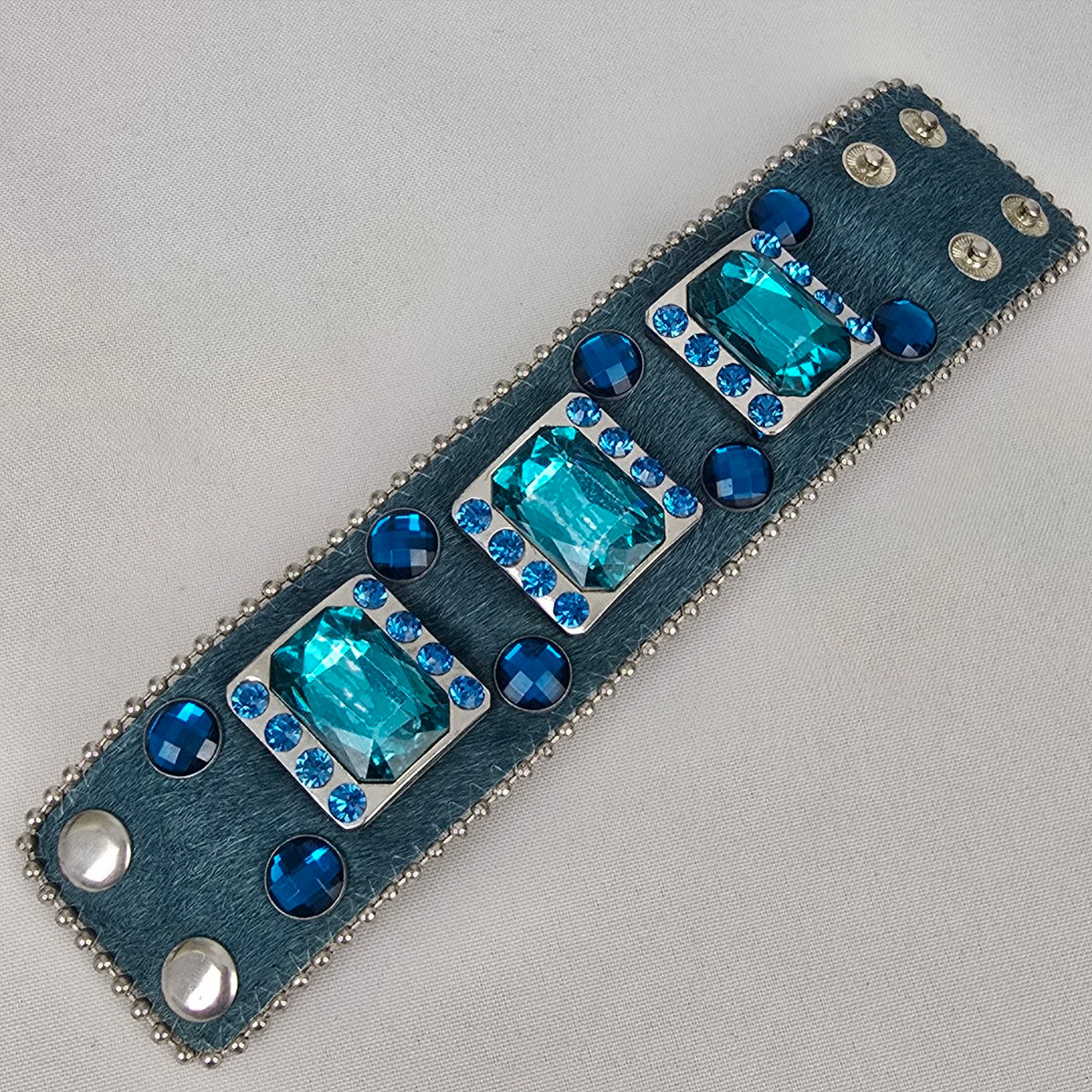 Genuine Leather Blue Calf Hair Crystal Stone Wide Snap Bracelet