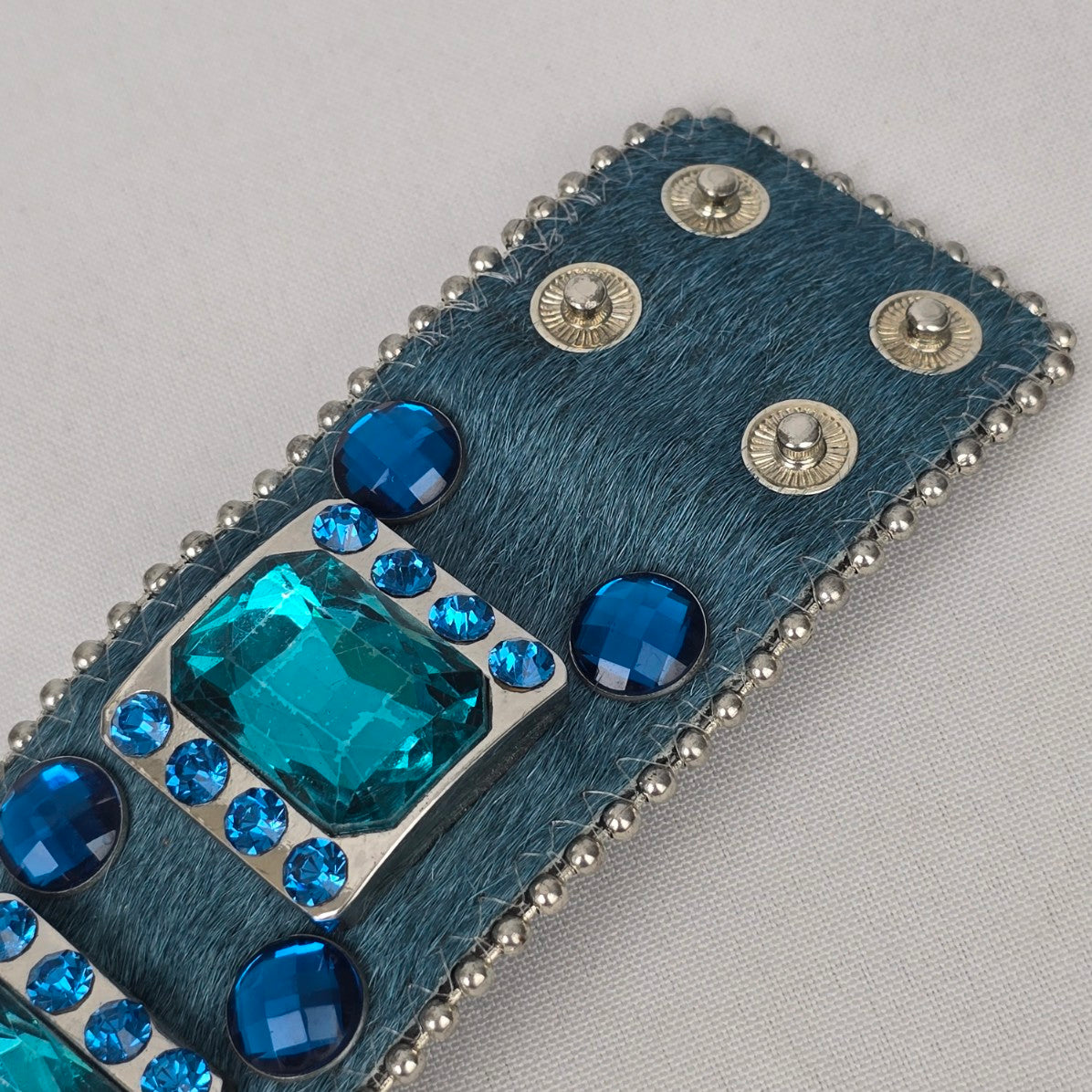 Genuine Leather Blue Calf Hair Crystal Stone Wide Snap Bracelet
